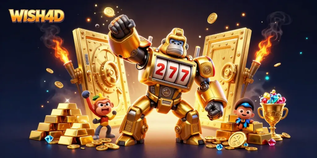 WISH4D's golden gorilla mech triumphantly punches upward, coins and treasures exploding in dynamic action.