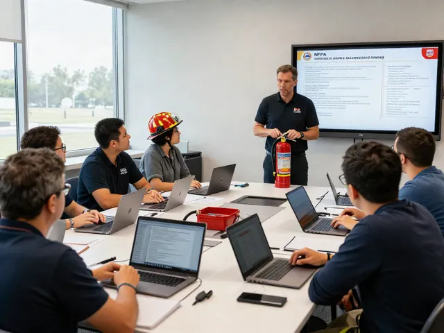 Engaging NFPA Certification Training session with instructor and adult learners in a modern classroom.