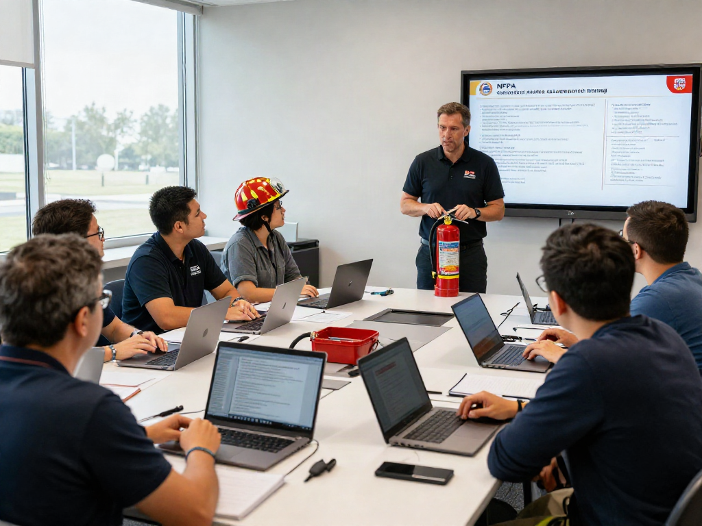 Engaging NFPA Certification Training session with instructor and adult learners in a modern classroom.