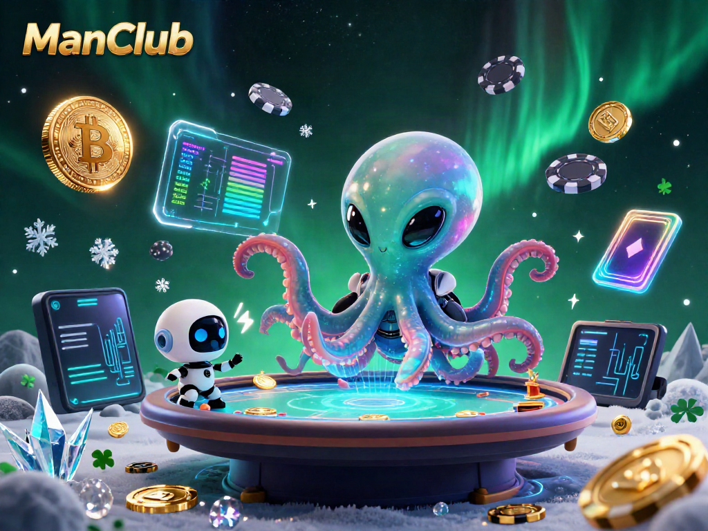 Experience thrilling game action at ManClub with a vibrant 3D illustration of an alien octopus at a poker table.