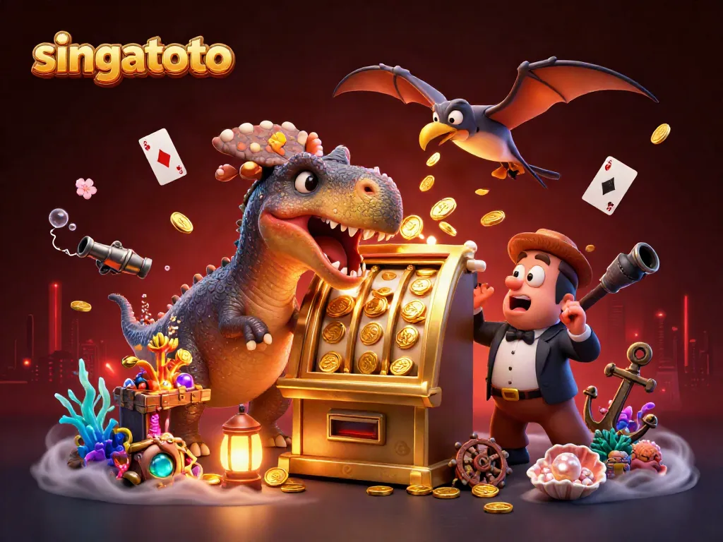 Singatoto pachycephalosaurus activates jackpot coins from a golden slot machine in a dynamic casino scene.
