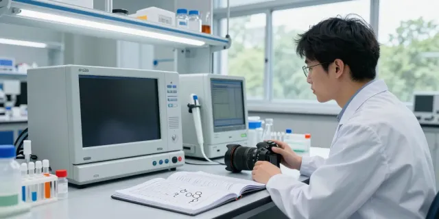 Scientists analyzing research peptides in a modern lab setting.