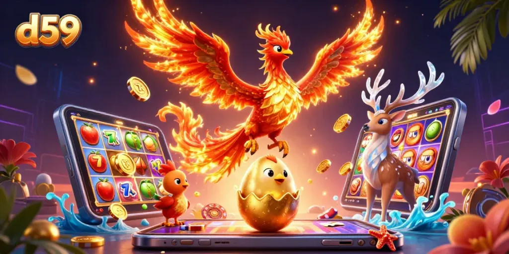 Menangkan d59 dengan phoenix berapi-api dan simbol slot di latar belakang, permainan slot yang mengasyikkan.