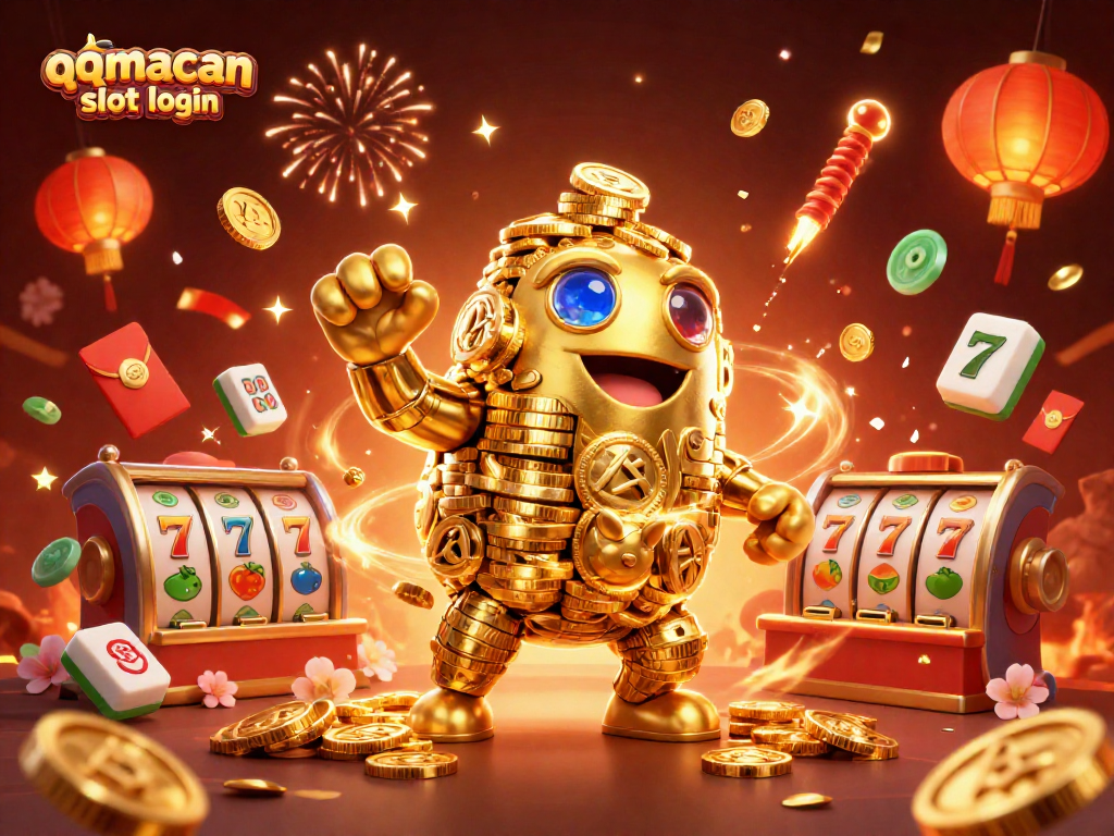 Experience thrilling qqmacan slot login action with dynamic 3D casino elements and glowing visuals.
