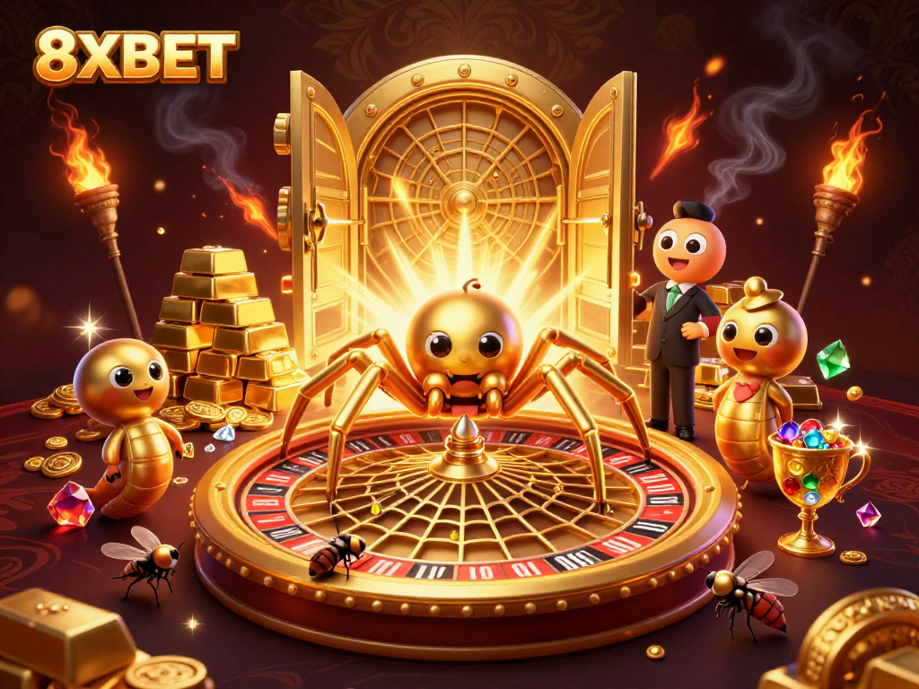 Experience thrilling bets at 8XBET with a golden spider and dynamic casino elements.